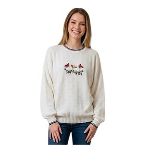 Vintage Gander Mountain Embroidered Birds Ivory Sweater Size Large